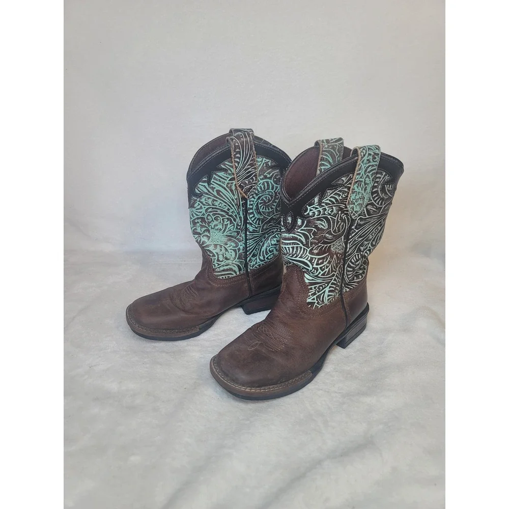 Roper Kids Western Cowboy Boots Size 1 Square Toe Farm Brown Leather Turquoise